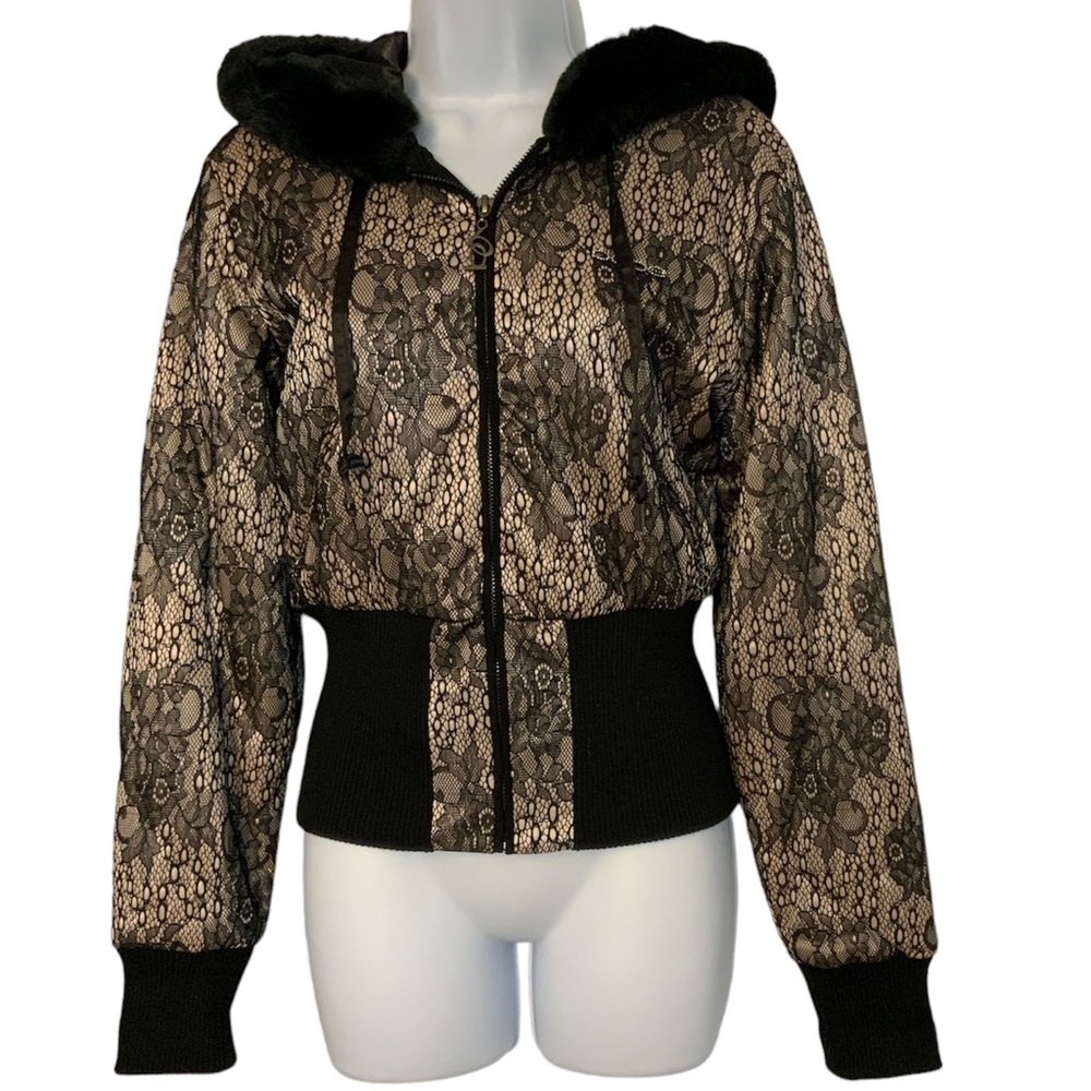 Bebe Rare Limited Edition Bebe Lace Up Corset Bonded Lace Puffer Jacket NWOT